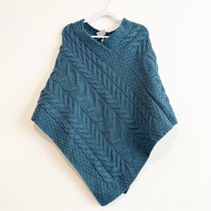 Aran Soft Wool Cozy Teal Cable Knit Poncho NWT